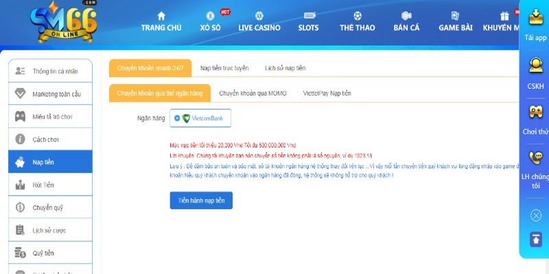 Tất cả thông tin cung cấp trong lệnh nạp tiền phải chuẩn